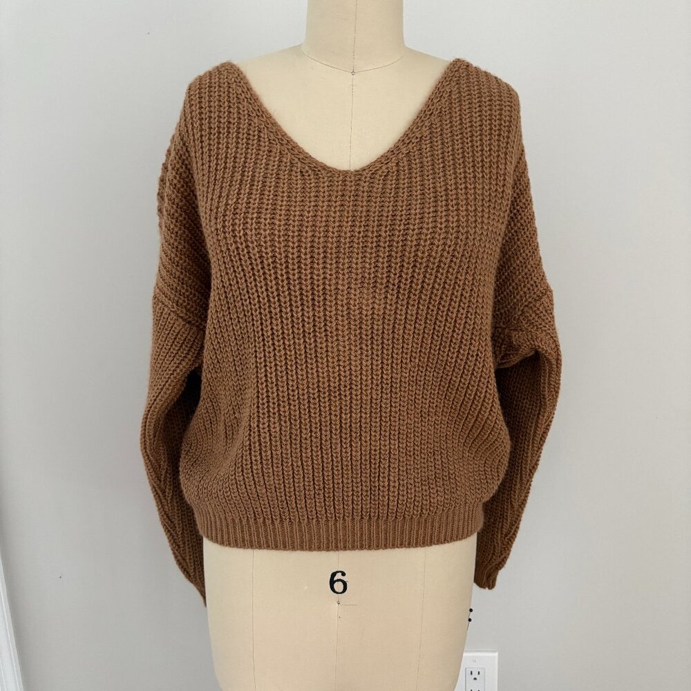 Scandal Women's Brown Twisty V-Neck Sweater Made in Italy Euro Chic Boho Luxe M